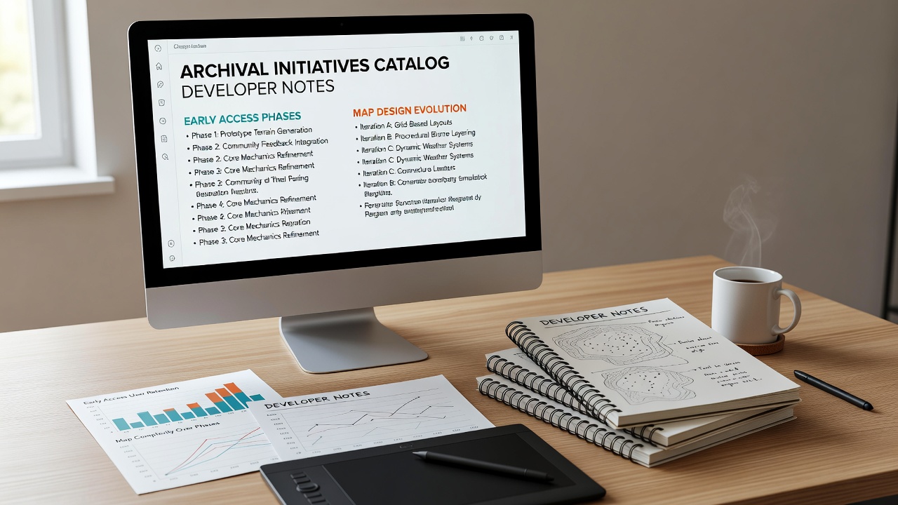 Archival catalog displaying developer notes from early access phases in simulation titles