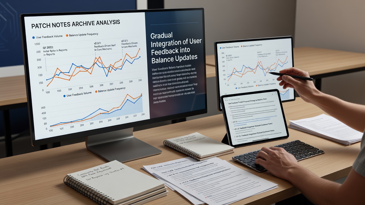 Detailed timeline charts and balance update graphs from strategy game patch archives displayed on a monitor