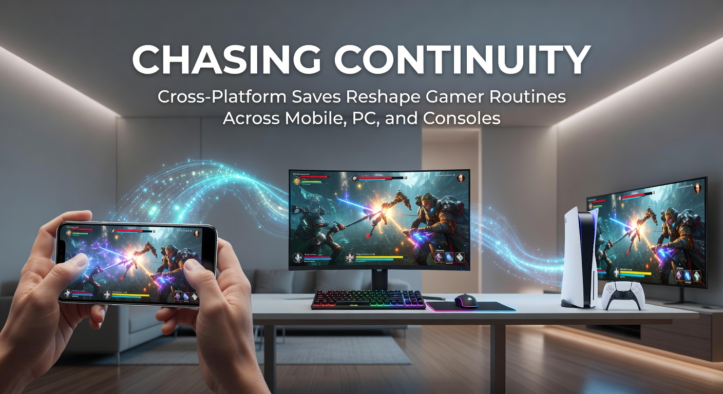 A gamer seamlessly transitioning from mobile phone to PC, with game progress syncing in real-time across glowing screens representing different platforms