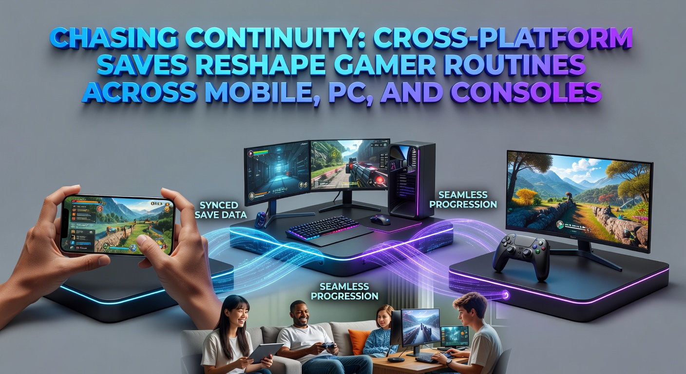 Console controller next to a smartphone and PC keyboard, illustrating cross-platform save synchronization with icons of popular games like Diablo and Apex Legends floating above