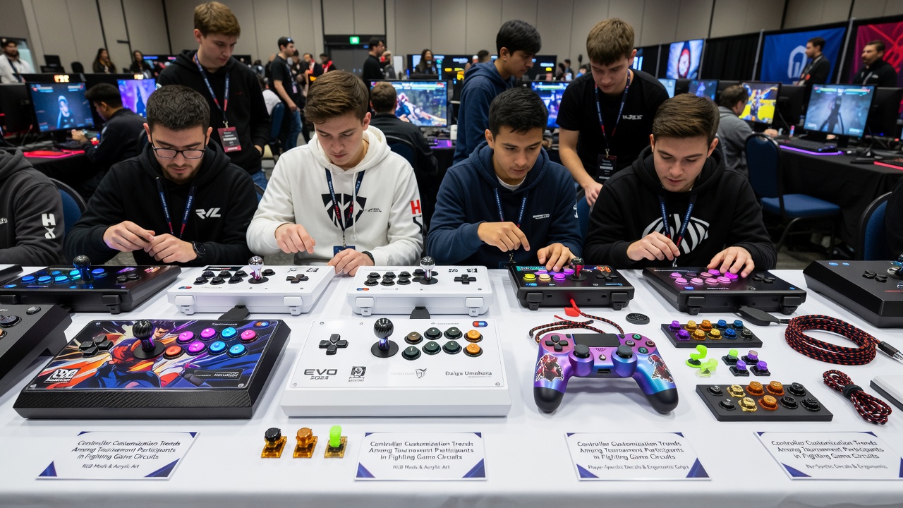 Close-up of customized controller internals with hall effect sensors and remapped buttons used in fighting game tournaments