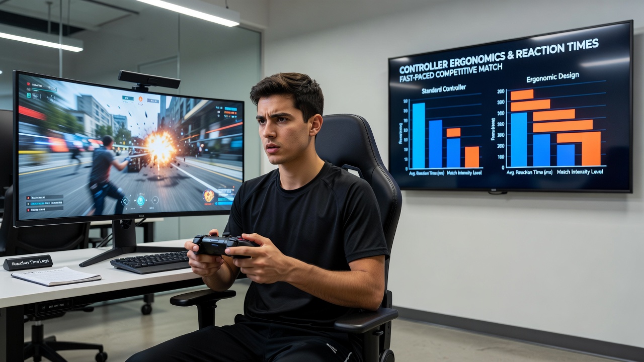 Side-by-side comparison of ergonomic controller layouts during a competitive gaming session with reaction timing overlays