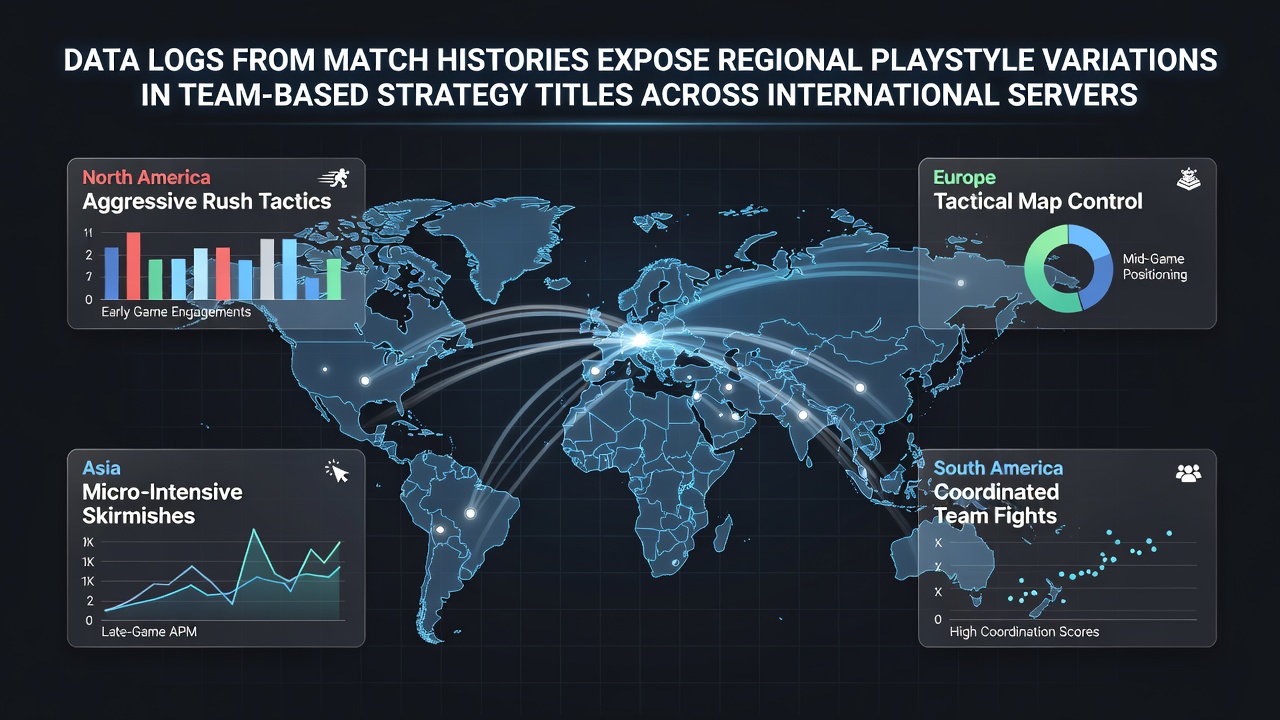 Data visualization charts comparing match history metrics across international servers in team-based strategy games