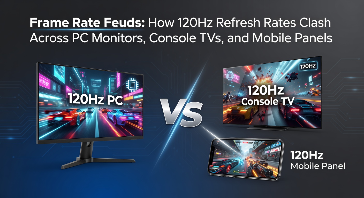 A split-screen comparison showing a PC monitor displaying fluid 120Hz motion in a racing game, next to a console TV struggling with frame pacing issues and a mobile panel adapting to variable refresh rates under battery constraints