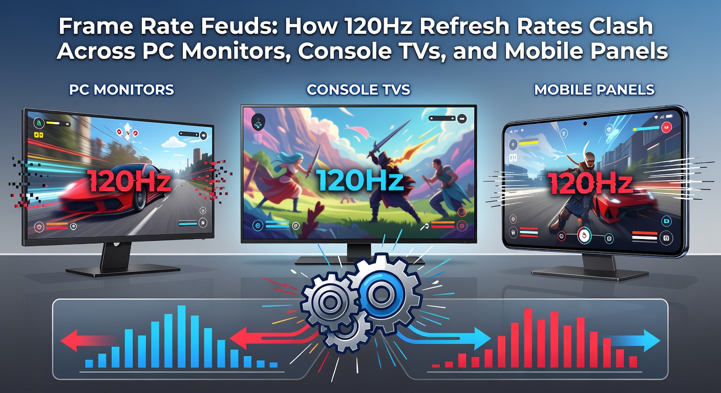 Side-by-side visuals of a high-end PC monitor, console-connected TV, and smartphone displaying the same racing game scene at 120Hz, highlighting differences in blur reduction, color vibrancy, and adaptive scaling