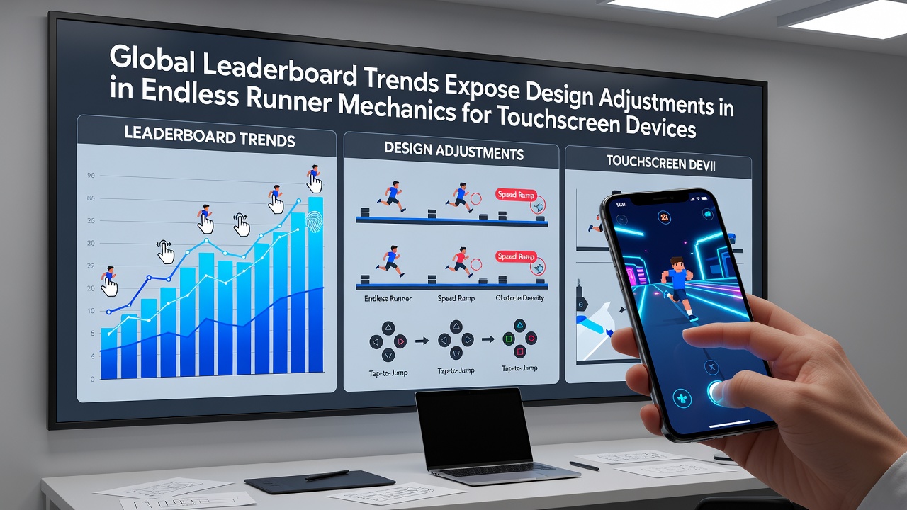 Touchscreen endless runner gameplay interface highlighting mechanic adjustments on mobile devices