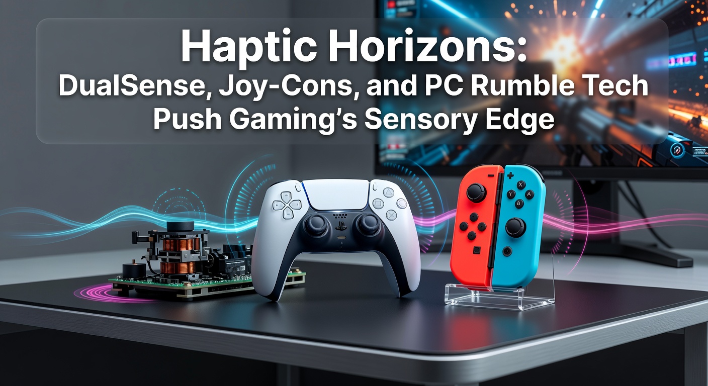 DualSense controller displaying advanced haptic feedback patterns on a PS5 setup, showcasing vibrations mimicking rain and footsteps
