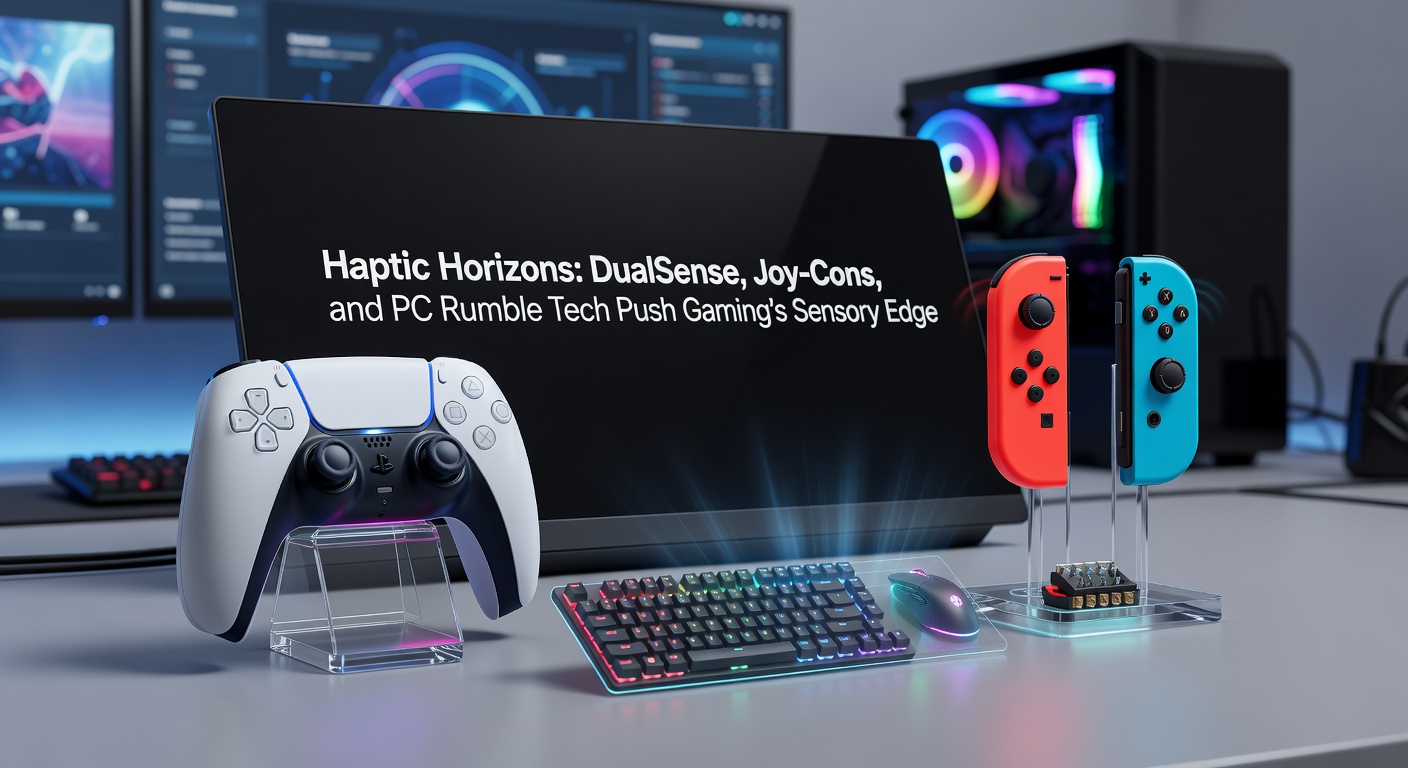 Joy-Con controllers detached from Nintendo Switch, illustrating HD Rumble effects with visualized vibration waves during a portable gaming session