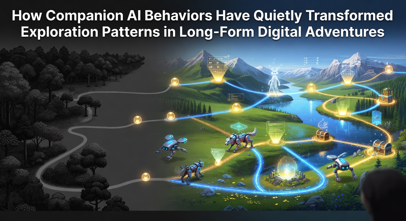 Companion AI guiding a player through an expansive digital landscape in a long-form adventure game