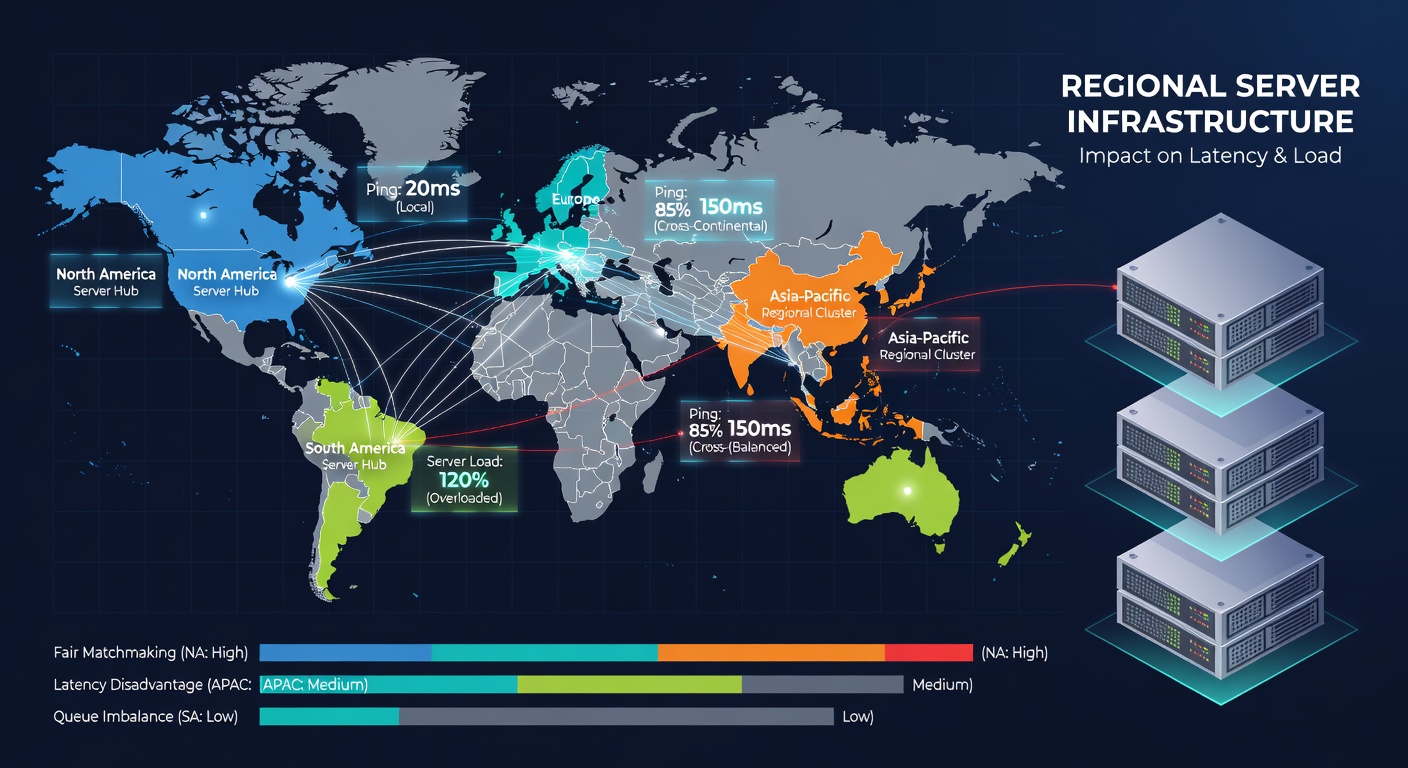 Network latency maps highlighting server locations and player distribution worldwide