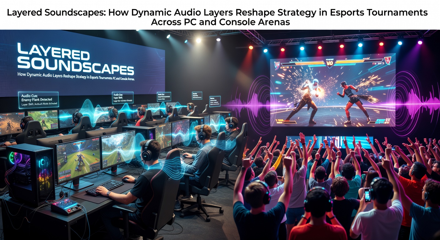 Dynamic audio layers visualized in an esports arena setup with layered sound waveforms overlaying player interfaces on PC and console stations