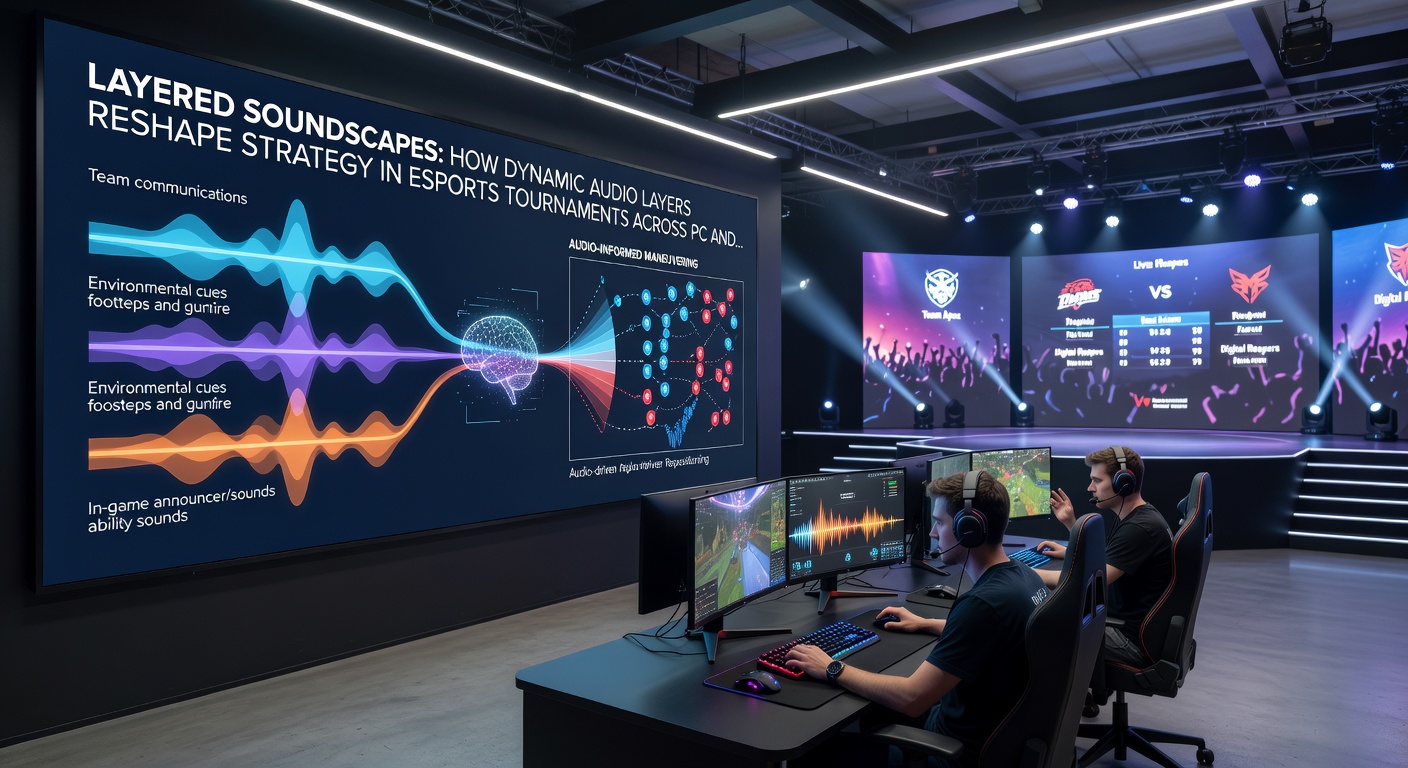 Esports competitors reviewing layered audio cues during a May 2026 tournament briefing session with waveform displays on multiple monitors