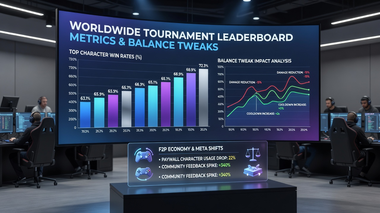 Split view of console and PC tournament setups with leaderboard overlays highlighting team composition differences