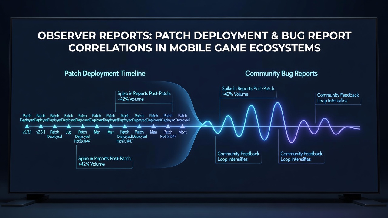 Data visualization showing patch deployment timelines aligned with bug report spikes in mobile game ecosystems