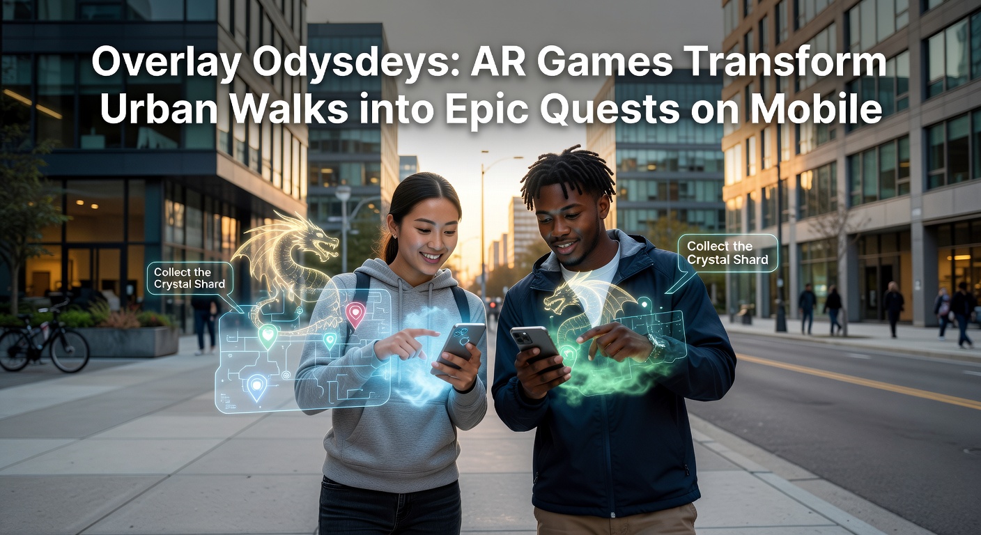 Close-up of a mobile screen showing AR quest overlay on a bustling city sidewalk, with virtual monsters emerging from pavement