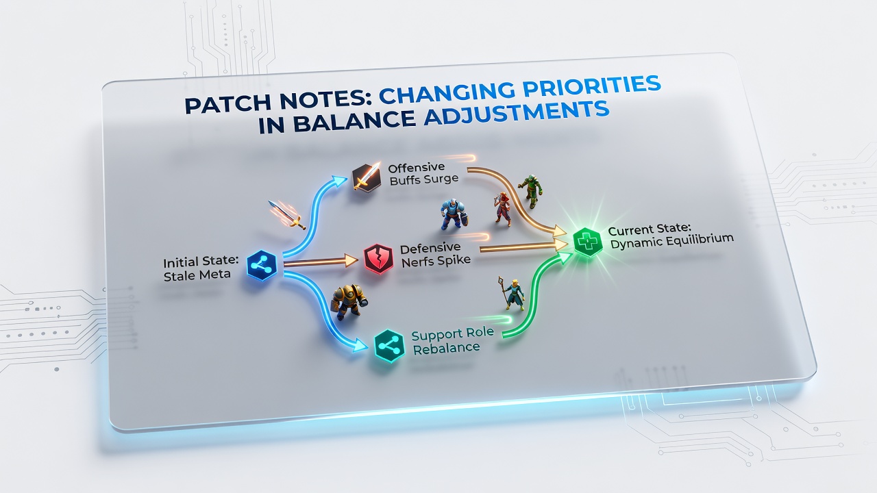 Teams analyze balance patch impacts during strategy sessions for competitive play on different gaming platforms