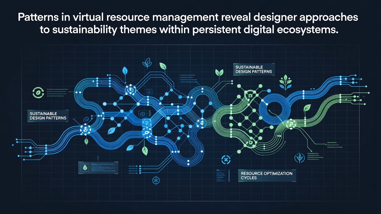 Virtual world interface showing resource nodes and sustainability indicators in a persistent digital ecosystem