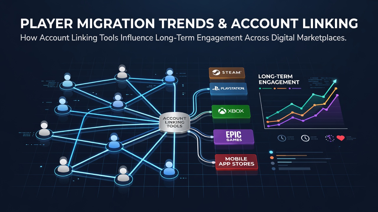Infographic showing player migration flows between digital marketplaces with account linking statistics for June 2026