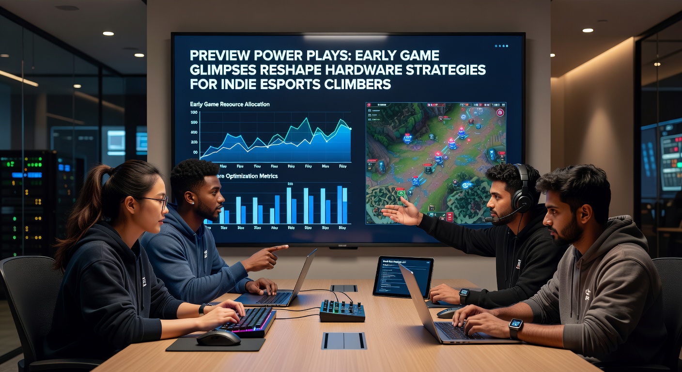 Indie esports team huddled around high-end monitors during a preview beta test, cables snaking across desks laden with energy drinks and peripherals