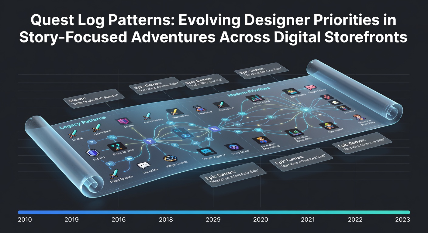 Quest log interfaces from multiple story-driven titles displayed side by side on various digital storefront pages