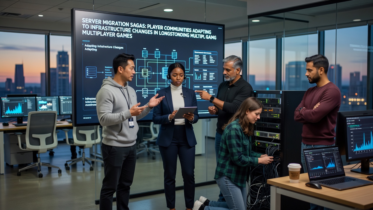 Community members discussing server migration impacts on a Discord server with maps and latency charts visible on screens