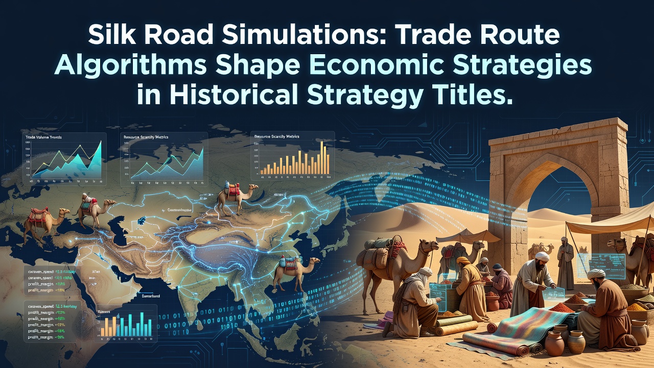 Detailed visualization of Silk Road trade routes in a historical strategy game interface showing algorithmic path calculations and resource flows
