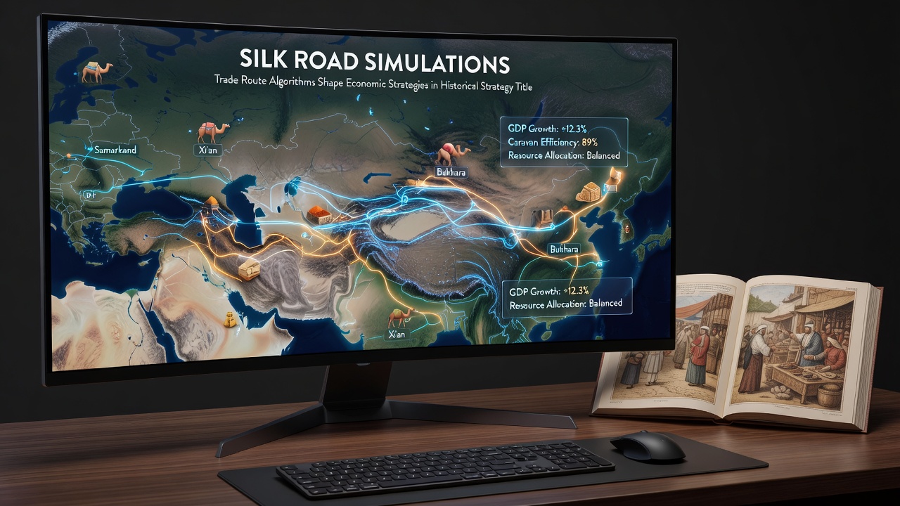 In-game map overlay displaying active Silk Road trade networks with economic indicators and algorithmic route adjustments