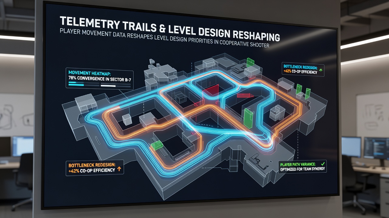 Side-by-side comparison of level layouts on PC, console, and mobile showing adjusted pathways and cover placements based on movement telemetry