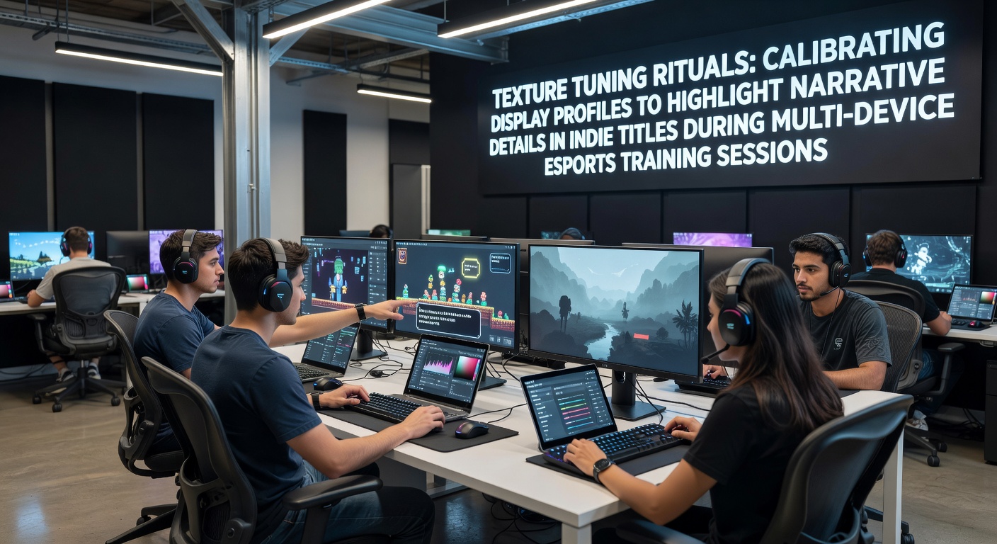 Esports athletes adjusting monitor settings during a multi-device training session focused on indie game textures and narrative elements