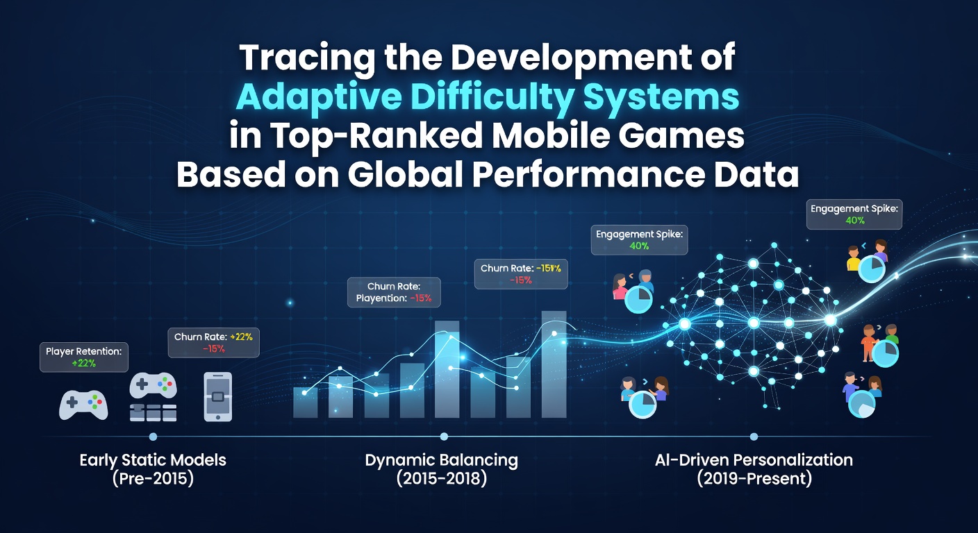 Historical screenshots and graphs illustrating early adaptive difficulty mechanics in mobile titles from the mid-2010s onward