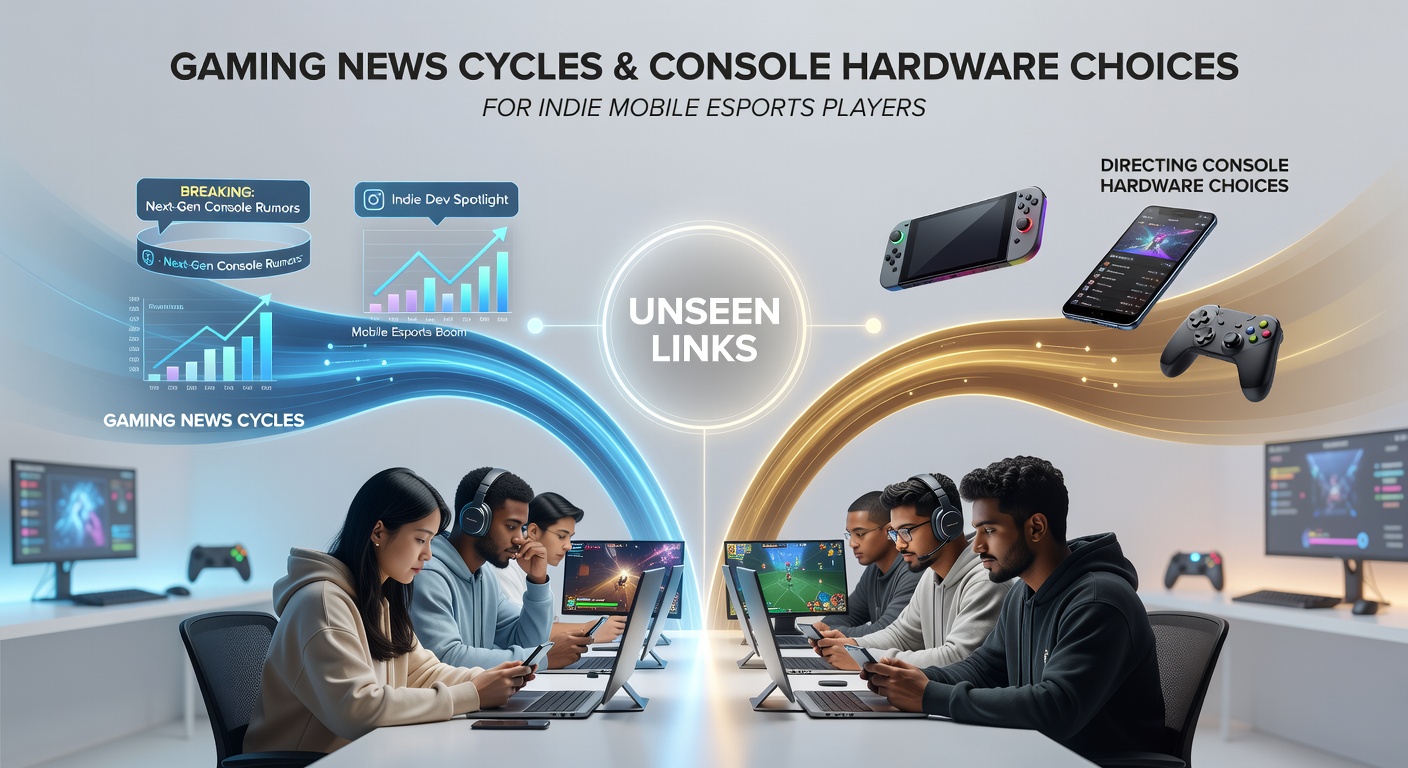 Gaming news headlines displayed on multiple screens alongside various console controllers and mobile esports setup